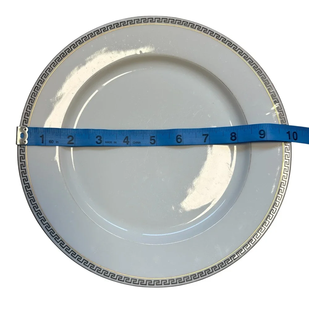 T&V Limoges France VINTAGE 10 Greek Key Dinner‎ Plates White Gold Black 10